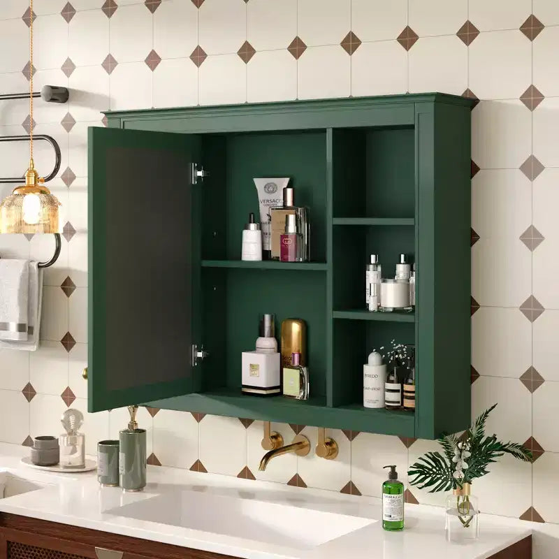 Mobiletto portamedicine a parete da 27,5" con specchio e 6 ripiani a giorno, Verde moderno
