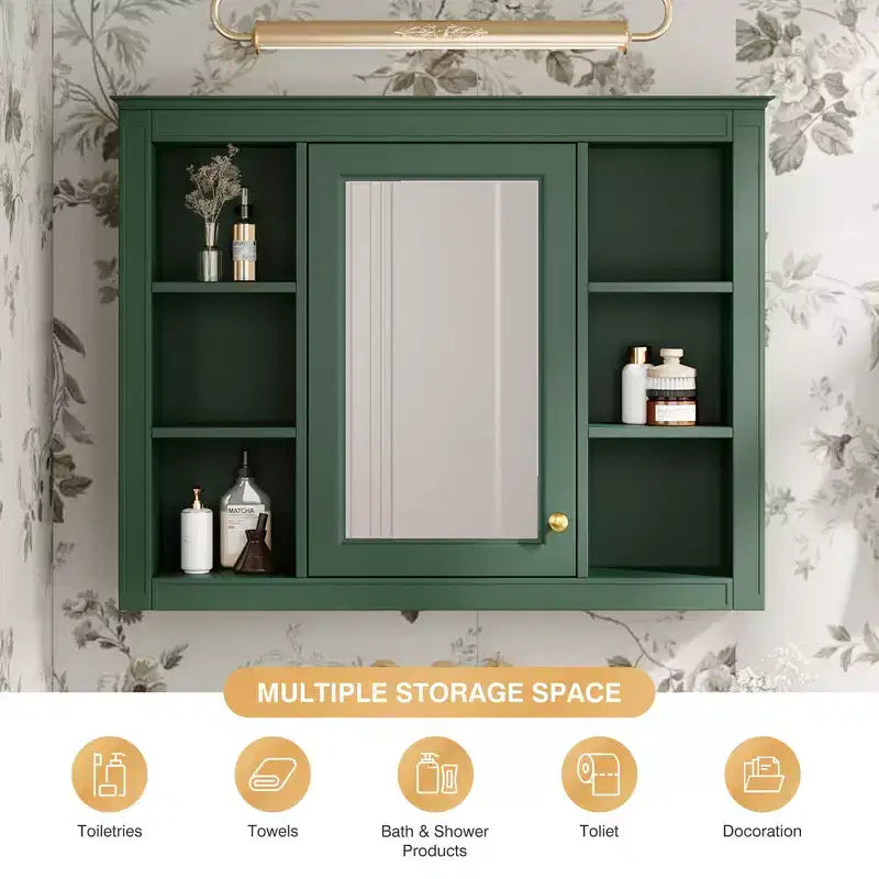 Mobiletto portamedicine a parete da 27,5" con specchio e 6 ripiani a giorno, Verde moderno