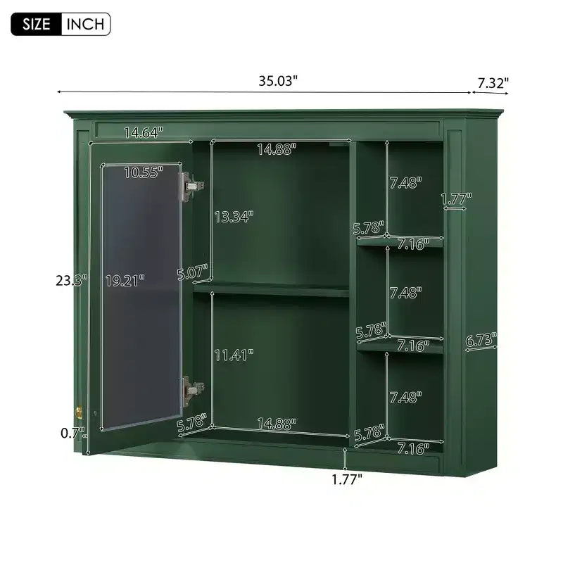 Mobiletto portamedicine a parete da 27,5" con specchio e 6 ripiani a giorno, Verde moderno