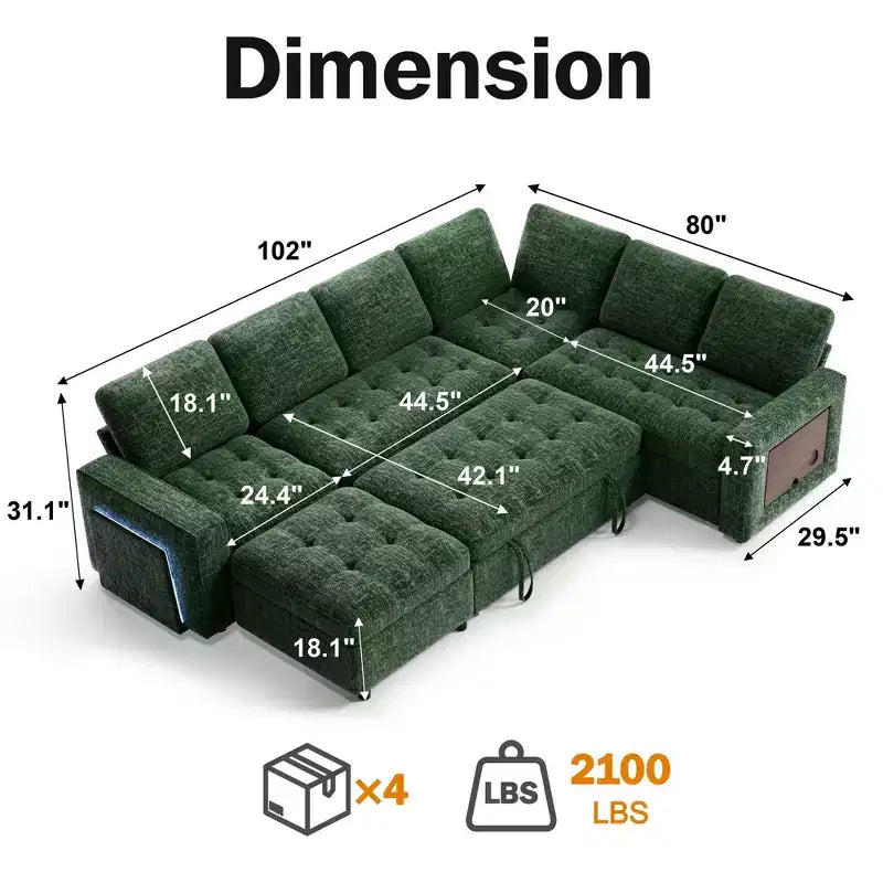 Divano componibile a L a 7 posti con letto estraibile, porte USB, luce LED e tavolino
