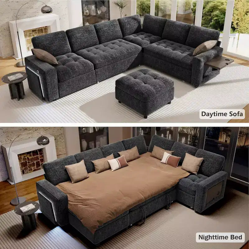 Dyonery 7 Seat L-Shaped Modular Sectional Sleeper Sofa Bed/Pull Out Bed/Reclining Backrest/USB Ports/Table/LED Light Tool-Free Assembly,Chenille Black