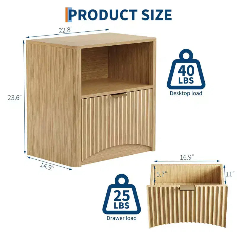 Comodino in Rovere da 23 Pollici, Tavolino da Notte con Superficie Impermeabile con Cassetto e Ripiano, Tavolino Laterale Moderno con Scanalature in Stile Mid-Century per la Camera da Letto