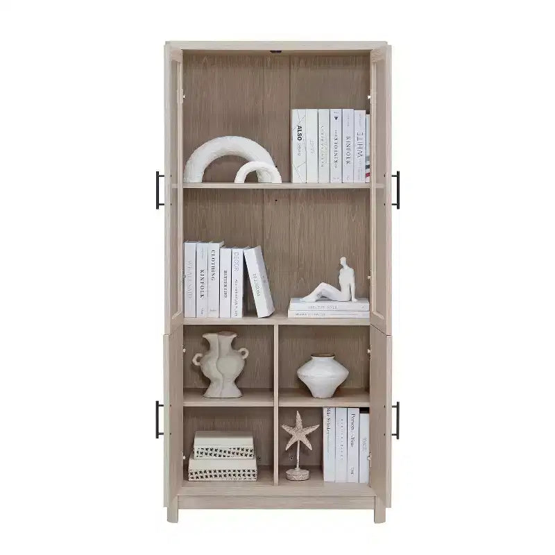 Libreria a colonna in legno con ante in vetro e ripiani regolabili per ufficio e soggiorno