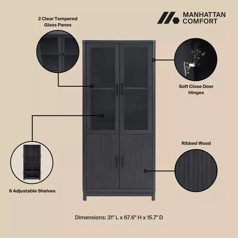 Libreria a colonna in legno con ante in vetro e ripiani regolabili per ufficio e soggiorno
