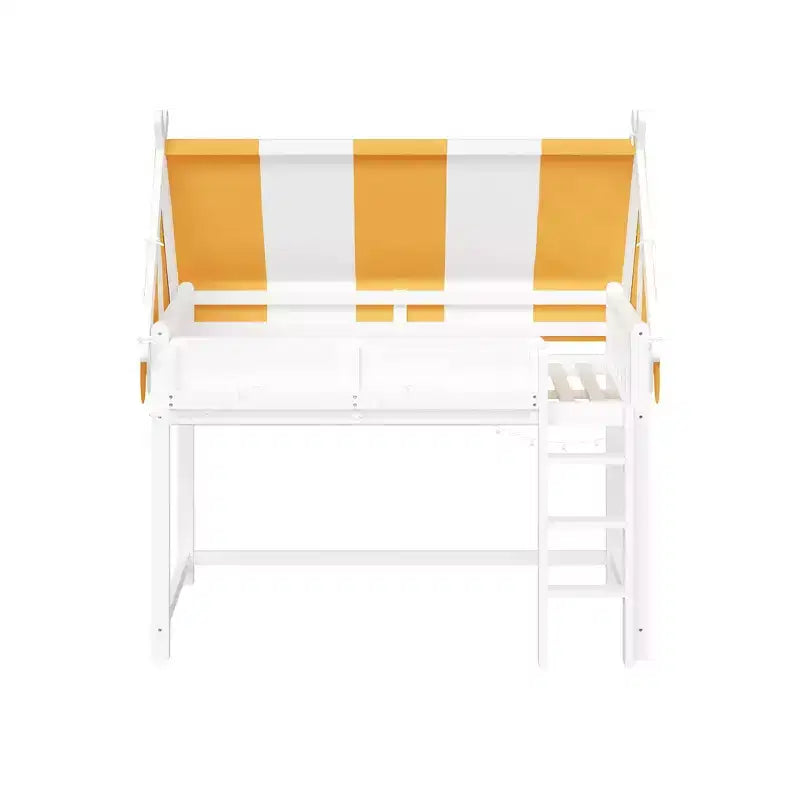 Letto a soppalco singolo con baldacchino, libreria e ringhiera a tutta lunghezza