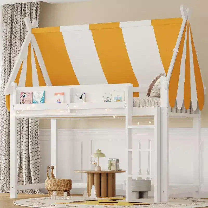 Letto a soppalco singolo con baldacchino, libreria e ringhiera a tutta lunghezza