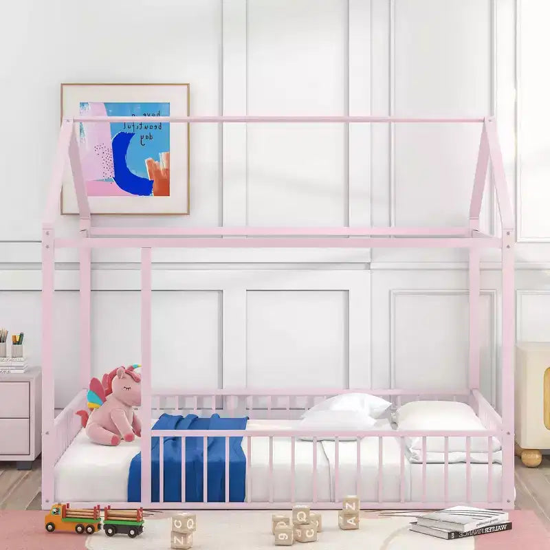 MAYEERTY Full Size Metal House Bed Frame, Fence, Kids Teens Bedroom, Pink