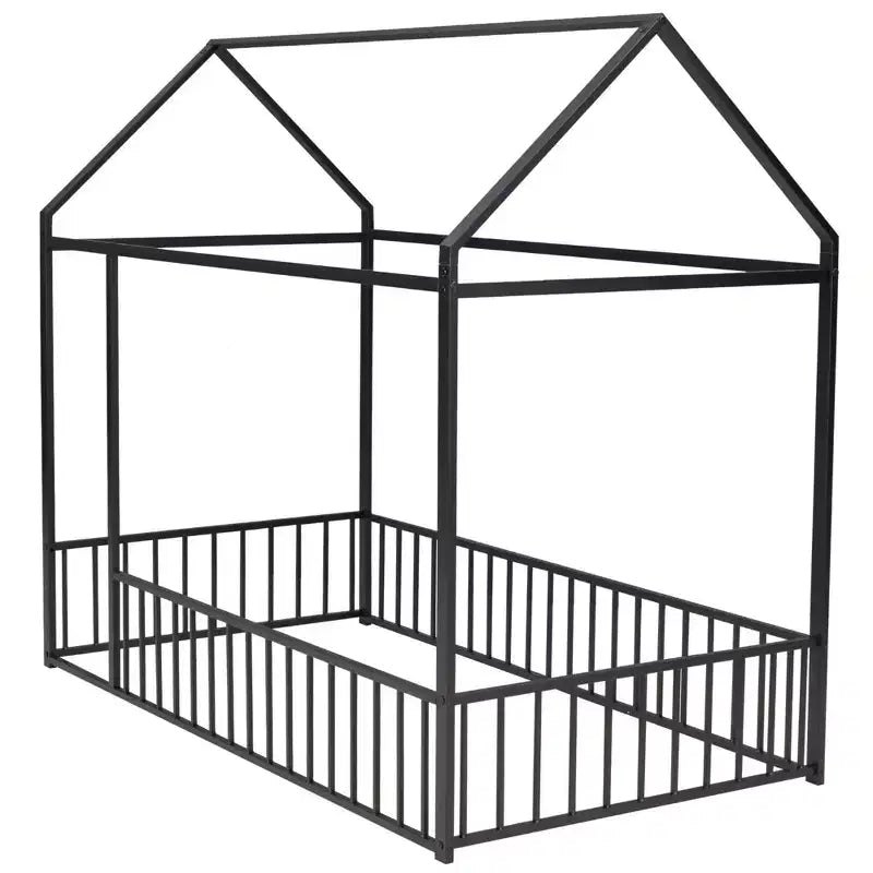 Struttura Letto a Casetta in Metallo Full Size con Recinzione per Bambini e Ragazzi, Rosa