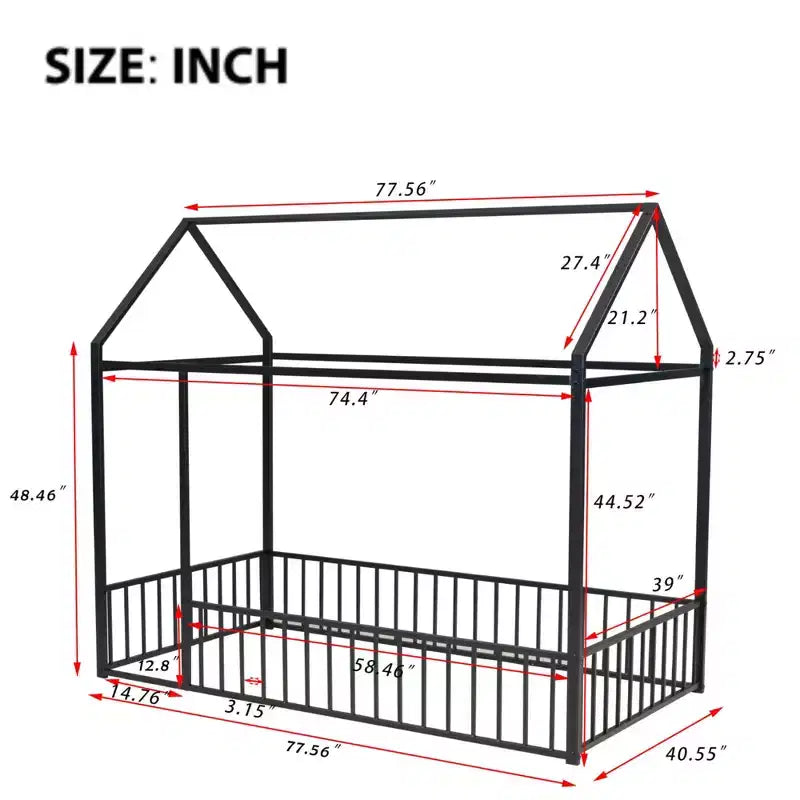Struttura Letto a Casetta in Metallo Full Size con Recinzione per Bambini e Ragazzi, Rosa