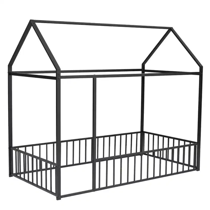 Struttura Letto a Casetta in Metallo Full Size con Recinzione per Bambini e Ragazzi, Rosa