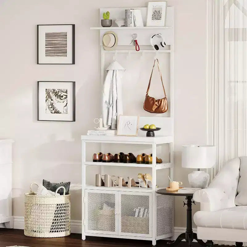 Appendiabiti da Ingresso con Scarpiera, 185cm Mobile Ingresso Salvaspazio Bianco con 7 Ganci 3 Ripiani Scarpiera Struttura in Metallo e Mobiletto in MDF per Ingresso/Camera da Letto/Corridoio