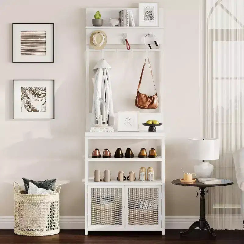 Appendiabiti da Ingresso con Scarpiera, 185cm Mobile Ingresso Salvaspazio Bianco con 7 Ganci 3 Ripiani Scarpiera Struttura in Metallo e Mobiletto in MDF per Ingresso/Camera da Letto/Corridoio