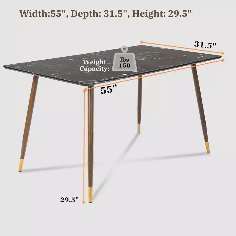 Tavolo da pranzo moderno da 55" con piano effetto marmo nero e gambe coniche in legno