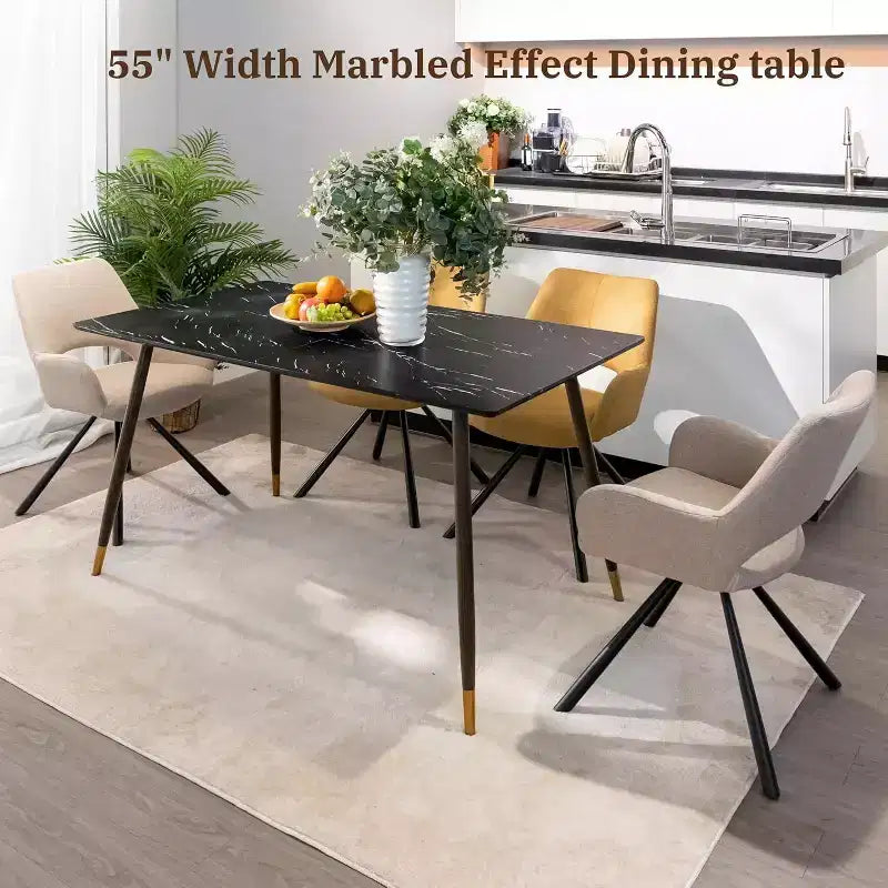 Tavolo da pranzo moderno da 55" con piano effetto marmo nero e gambe coniche in legno