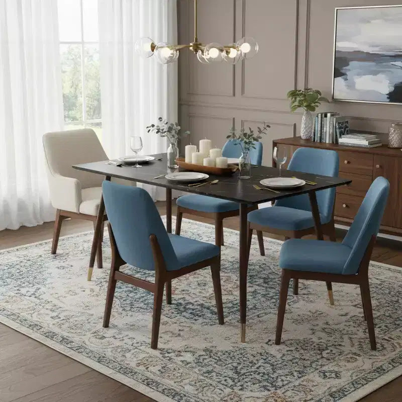 Tavolo da pranzo moderno da 55" con piano effetto marmo nero e gambe coniche in legno