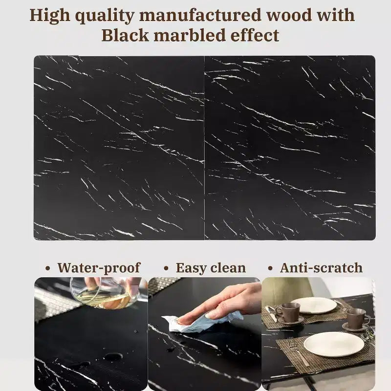 Tavolo da pranzo moderno da 55" con piano effetto marmo nero e gambe coniche in legno