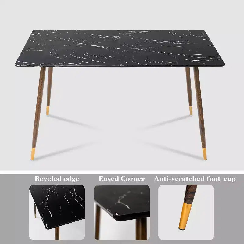 Tavolo da pranzo moderno da 55" con piano effetto marmo nero e gambe coniche in legno