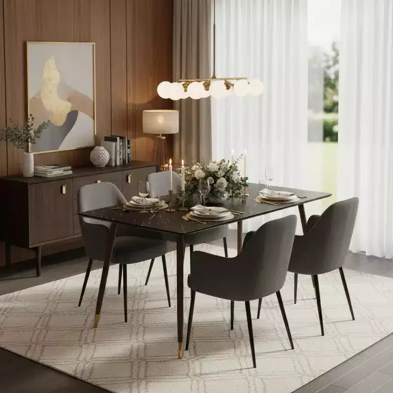 Tavolo da pranzo moderno da 55" con piano effetto marmo nero e gambe coniche in legno