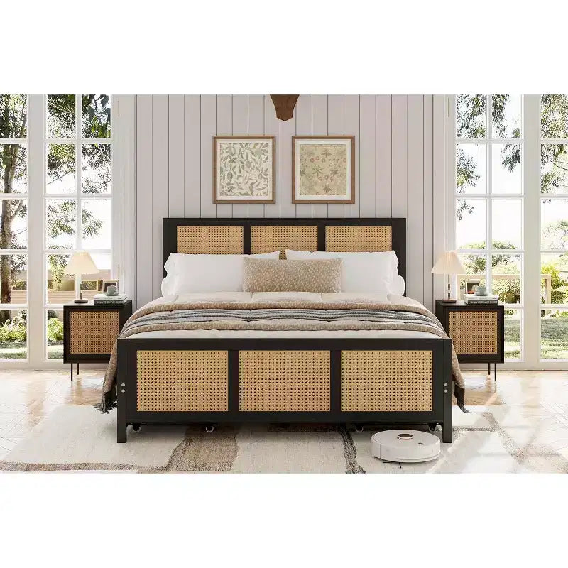 Letto a baldacchino bohémien con testiera LED (7 colori), 4 ampi cassetti, doghe in metallo, senza bisogno di rete a molle