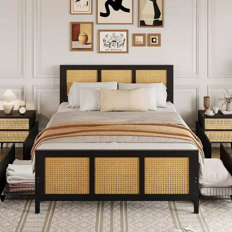 Letto a baldacchino bohémien con testiera LED (7 colori), 4 ampi cassetti, doghe in metallo, senza bisogno di rete a molle