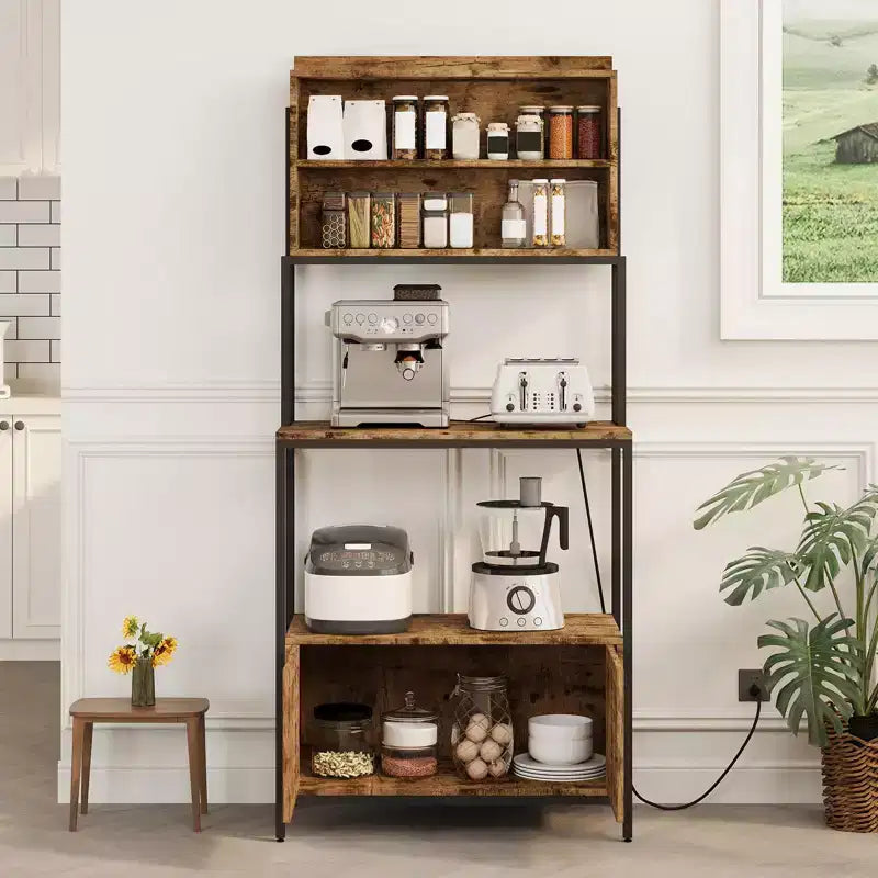 68 Kitchen Bakers Rack with Storage, 6-Tier Industrial Coffee Bar Station with Microwave Stand with Shelves & Cabinet for Pots, Pans, Spices