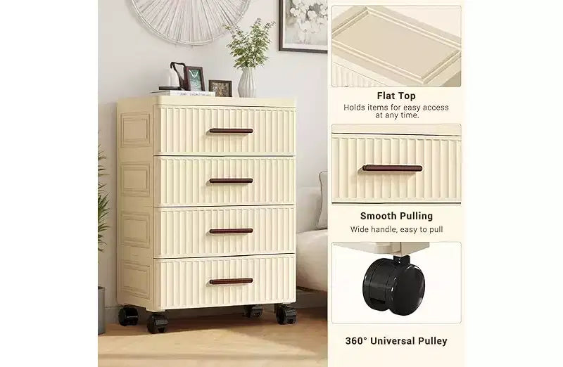 Mobile Storage Cabinet, Classificatore a 4 cassetti, Armadietto per ufficio con ruote per camera da letto, Comodino