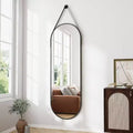 Oval Full Length Mirror (48x16) - Black Aluminum Frame & Leather Strap. For Bathroom, Living Room, Entryway Decor