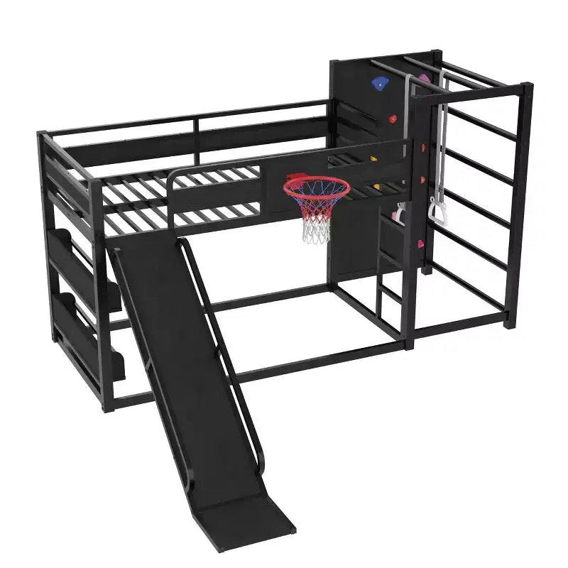 Letto a soppalco in metallo matrimoniale/full con canestro da basket, scivolo, parete da arrampicata e librerie, nero
