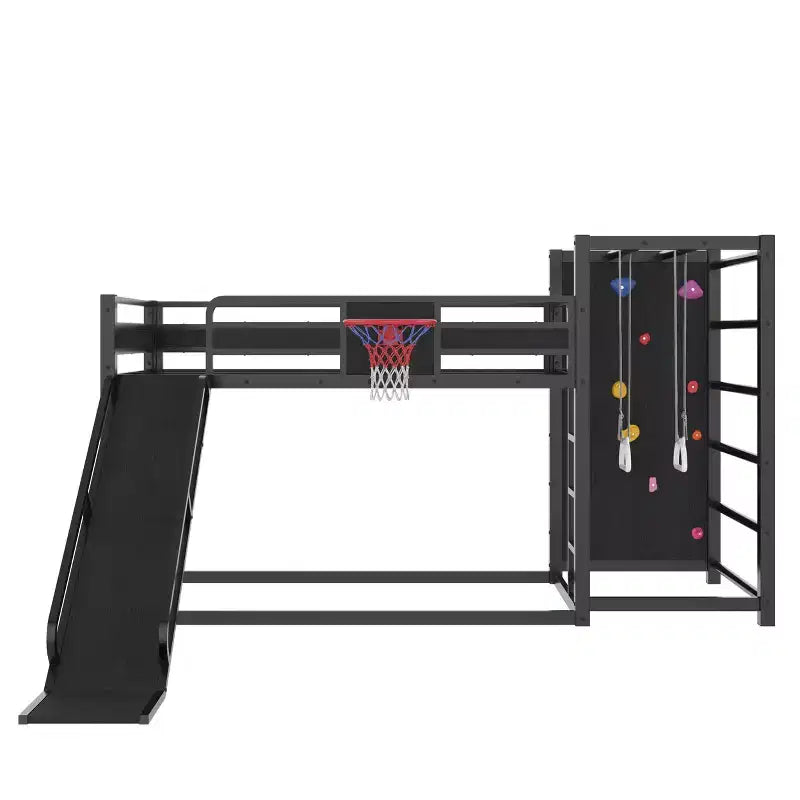 Letto a soppalco in metallo matrimoniale/full con canestro da basket, scivolo, parete da arrampicata e librerie, nero