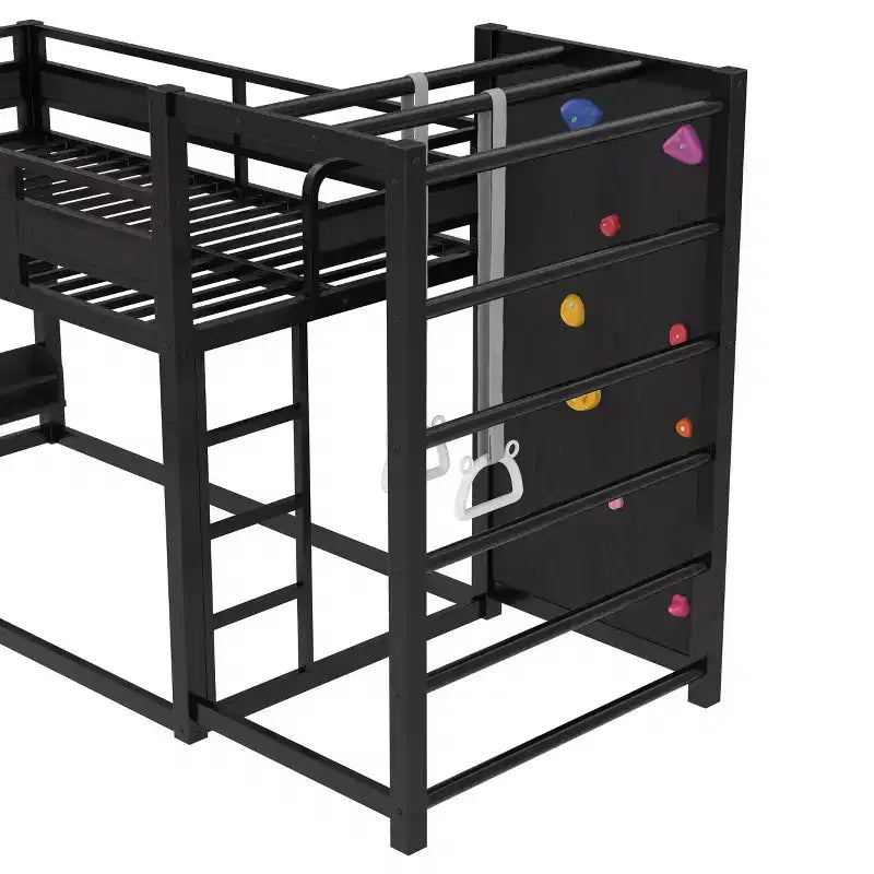 Letto a soppalco in metallo matrimoniale/full con canestro da basket, scivolo, parete da arrampicata e librerie, nero