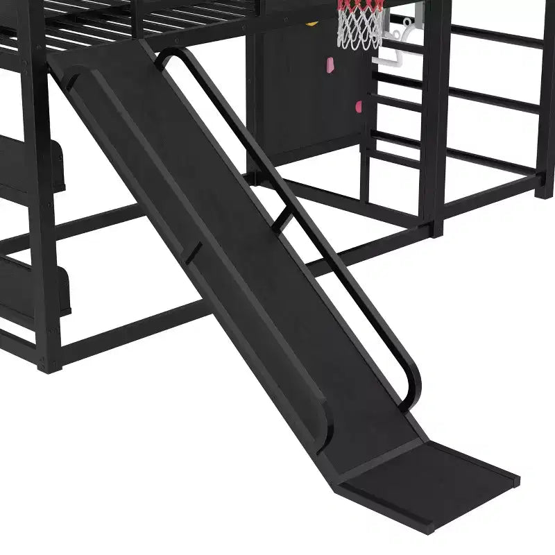 Letto a soppalco in metallo matrimoniale/full con canestro da basket, scivolo, parete da arrampicata e librerie, nero
