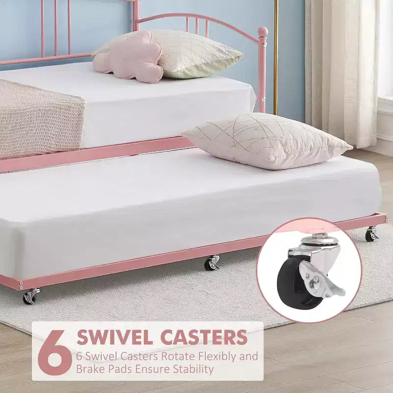 Divano letto con rotelle estraibili, divano letto in metallo a una piazza e mezza con rotelle a scomparsa a 6 ruote, base a doghe in acciaio, divano letto per soggiorno, camera da letto, camera degli ospiti
