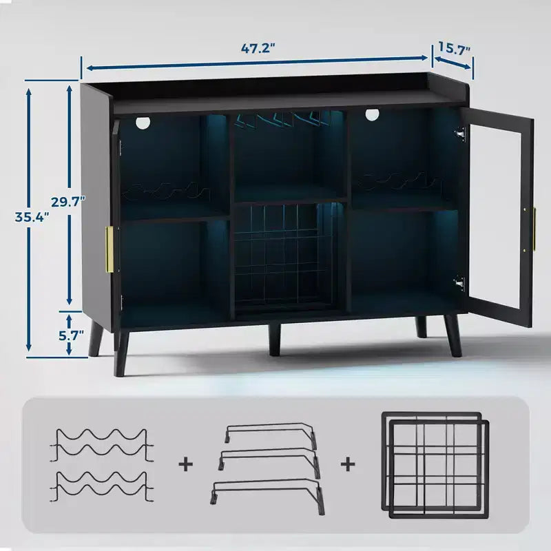 Mobile Bar da Vino Autoportante, Credenza e Buffet da Cucina con Portabicchieri, con Ante in Vetro per Soggiorno, Sala da Pranico