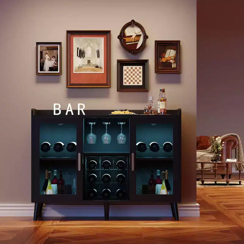 Mobile Bar da Vino Autoportante, Credenza e Buffet da Cucina con Portabicchieri, con Ante in Vetro per Soggiorno, Sala da Pranico