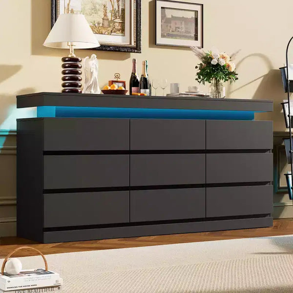 Cassettiera a 9 cassetti per camera da letto - Comò largo 160 cm con luce LED e stazione di ricarica, mobile TV grande multi-funzione per l'organizzazione della casa