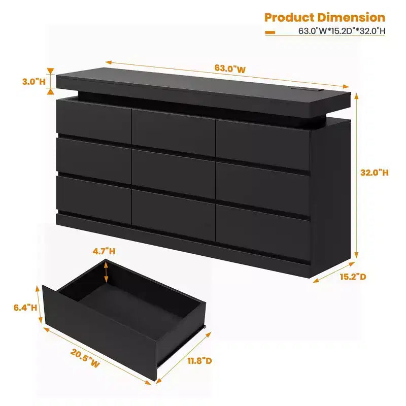 Cassettiera a 9 cassetti per camera da letto - Comò largo 160 cm con luce LED e stazione di ricarica, mobile TV grande multi-funzione per l'organizzazione della casa
