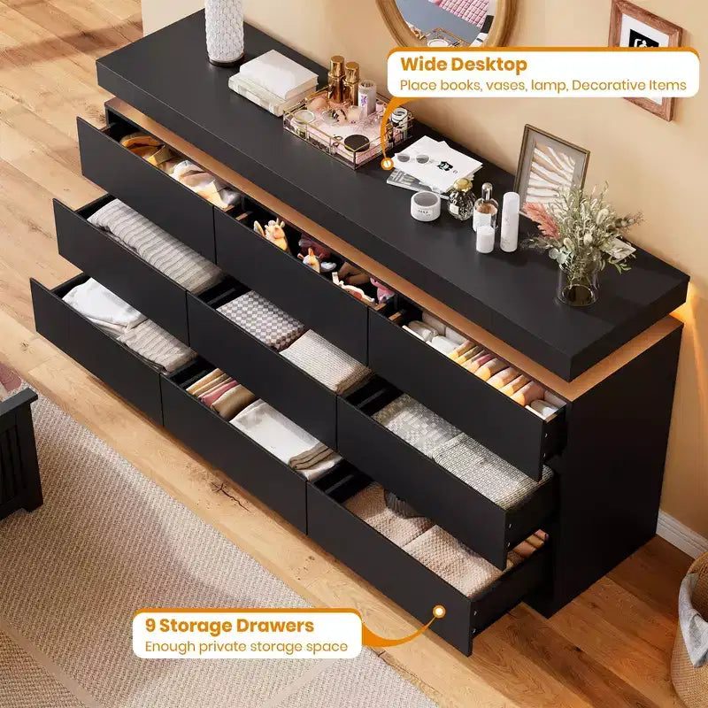 Cassettiera a 9 cassetti per camera da letto - Comò largo 160 cm con luce LED e stazione di ricarica, mobile TV grande multi-funzione per l'organizzazione della casa