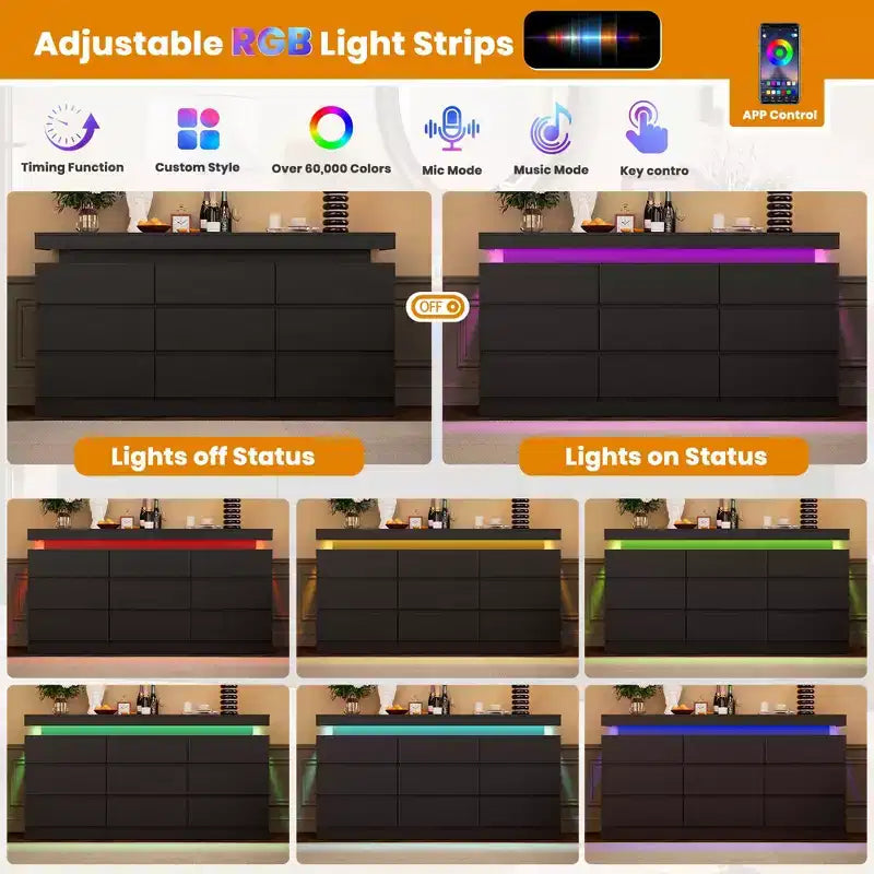 Cassettiera a 9 cassetti per camera da letto - Comò largo 160 cm con luce LED e stazione di ricarica, mobile TV grande multi-funzione per l'organizzazione della casa
