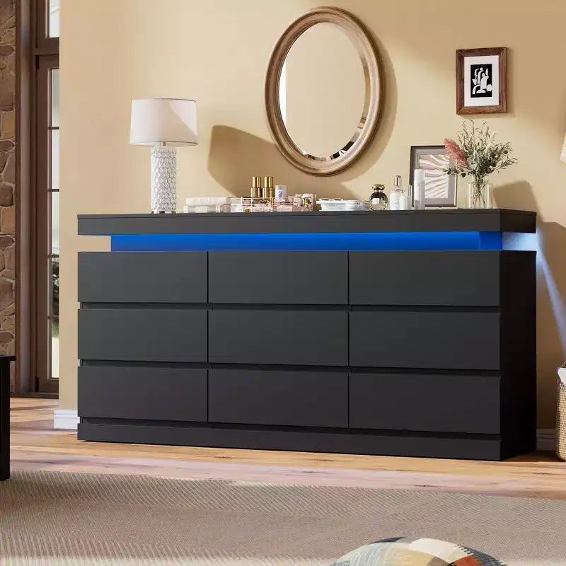 Cassettiera a 9 cassetti per camera da letto - Comò largo 160 cm con luce LED e stazione di ricarica, mobile TV grande multi-funzione per l'organizzazione della casa