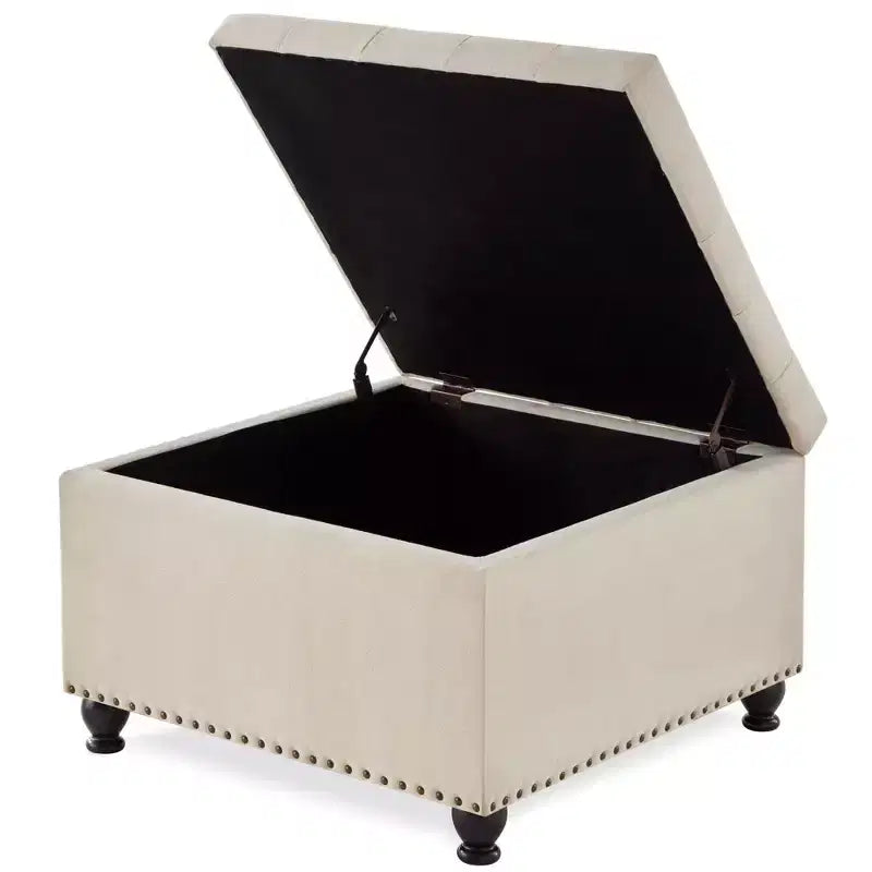 Pouf Contenitore Grande Quadrato Okak con Gambe in Legno, Panca da Ingresso con Bottoni, Decorato con Trapuntatura e Rifiniture a Borchie, Poggiapiedi per la Casa