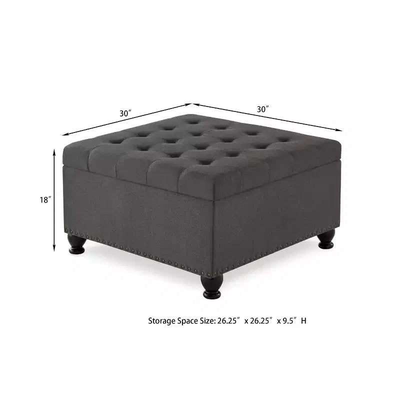 Pouf Contenitore Grande Quadrato Okak con Gambe in Legno, Panca da Ingresso con Bottoni, Decorato con Trapuntatura e Rifiniture a Borchie, Poggiapiedi per la Casa