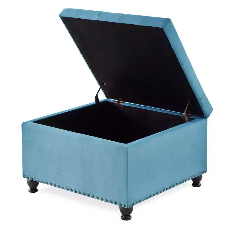 Pouf Contenitore Grande Quadrato Okak con Gambe in Legno, Panca da Ingresso con Bottoni, Decorato con Trapuntatura e Rifiniture a Borchie, Poggiapiedi per la Casa