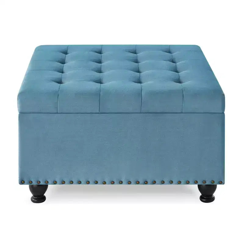 Pouf Contenitore Grande Quadrato Okak con Gambe in Legno, Panca da Ingresso con Bottoni, Decorato con Trapuntatura e Rifiniture a Borchie, Poggiapiedi per la Casa