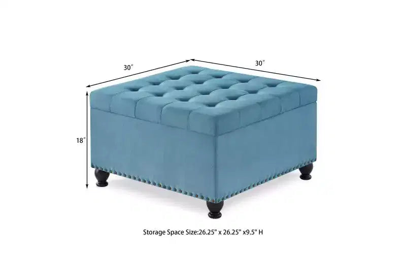Pouf Contenitore Grande Quadrato Okak con Gambe in Legno, Panca da Ingresso con Bottoni, Decorato con Trapuntatura e Rifiniture a Borchie, Poggiapiedi per la Casa