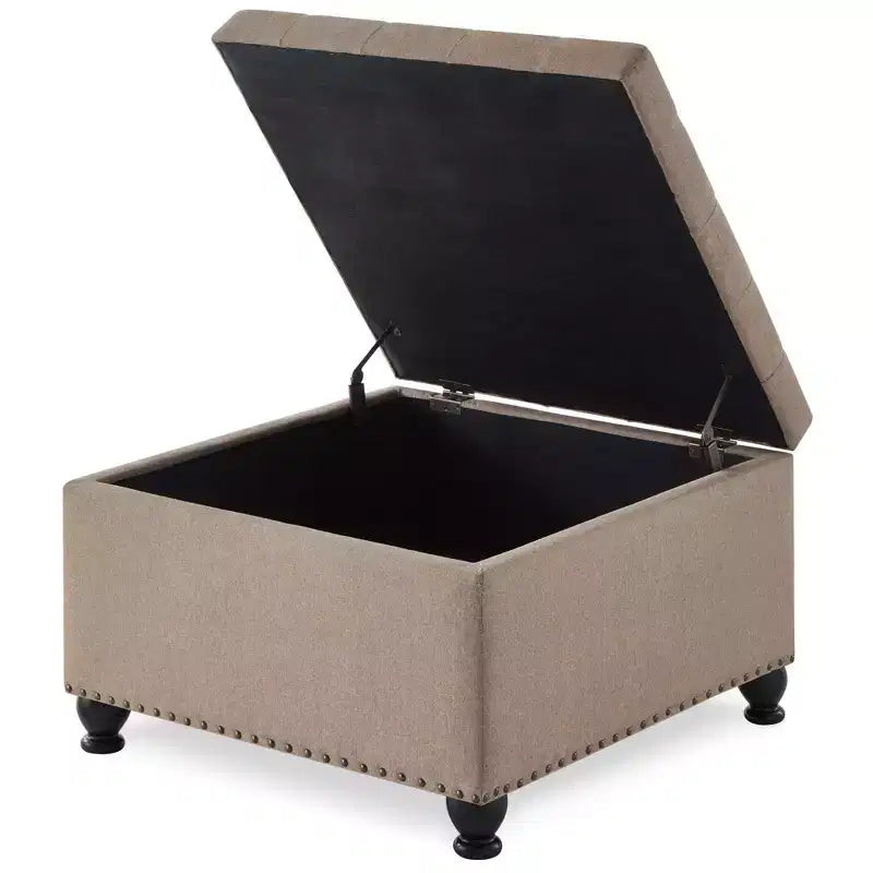 Pouf Contenitore Grande Quadrato Okak con Gambe in Legno, Panca da Ingresso con Bottoni, Decorato con Trapuntatura e Rifiniture a Borchie, Poggiapiedi per la Casa