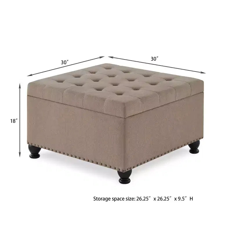 Pouf Contenitore Grande Quadrato Okak con Gambe in Legno, Panca da Ingresso con Bottoni, Decorato con Trapuntatura e Rifiniture a Borchie, Poggiapiedi per la Casa