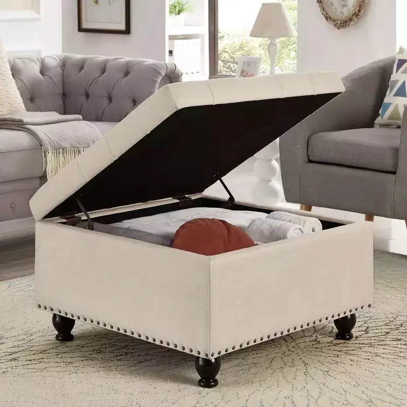 Pouf Contenitore Grande Quadrato Okak con Gambe in Legno, Panca da Ingresso con Bottoni, Decorato con Trapuntatura e Rifiniture a Borchie, Poggiapiedi per la Casa