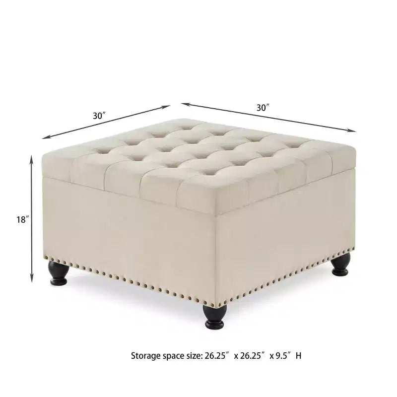 Pouf Contenitore Grande Quadrato Okak con Gambe in Legno, Panca da Ingresso con Bottoni, Decorato con Trapuntatura e Rifiniture a Borchie, Poggiapiedi per la Casa