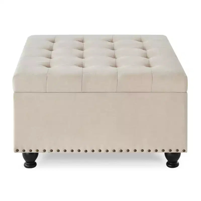 Okak Square Large Storage Ottoman with Wooden Legs, Entryway Bench with Button, Tufted and Nail Trims Decorated, Foot Stool for Home