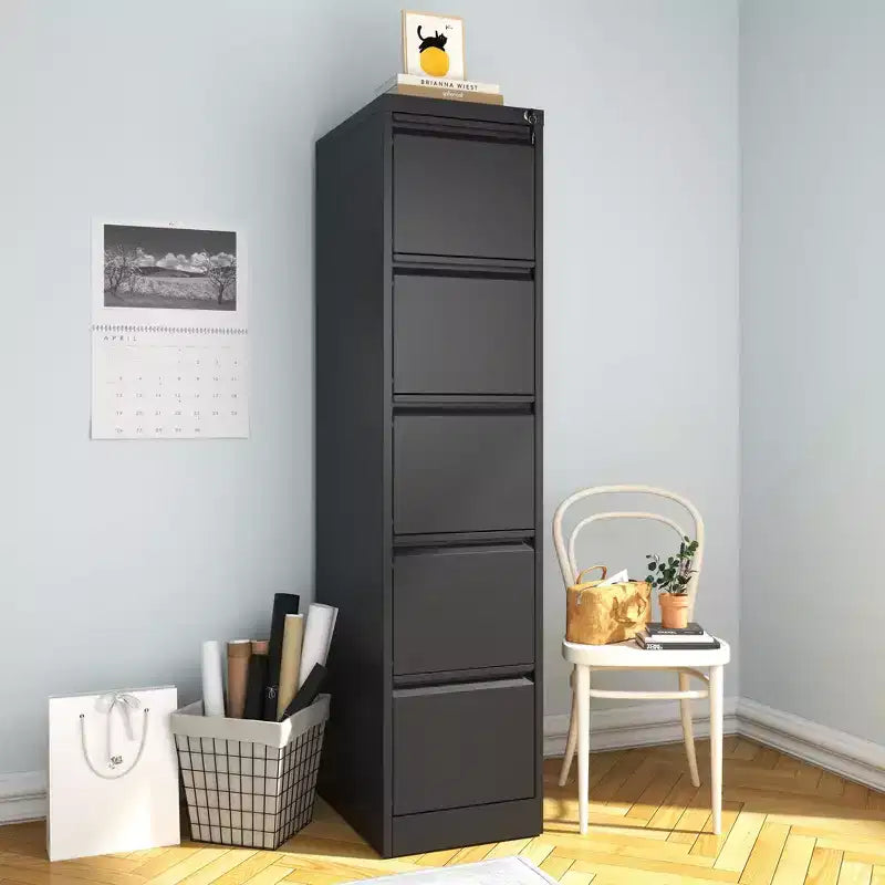 Armadietto verticale da 162,56 cm con 5 cassetti, in metallo nero, con serratura, adatto per A4/Legal/Letter